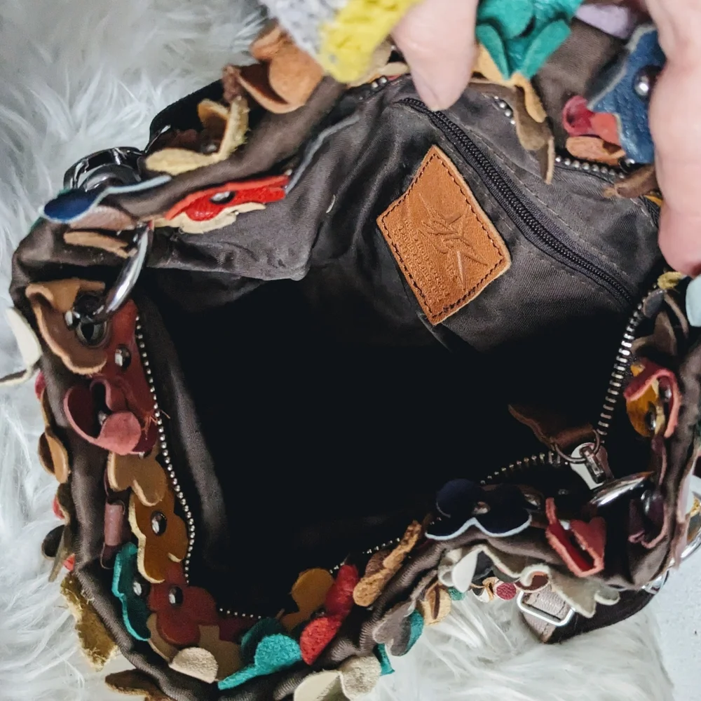 H2Z Recycled Leather Floral Studded Hobo Bag